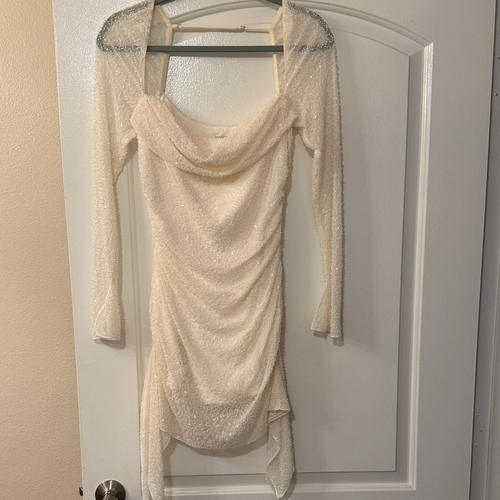 Oh Polly white/Cream Dress with Embellished Long Sleeves